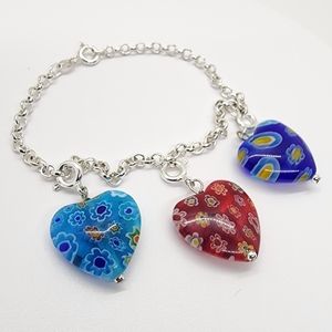 Colorful Millefiori Glass HEART & Sliver Charm Bracelet